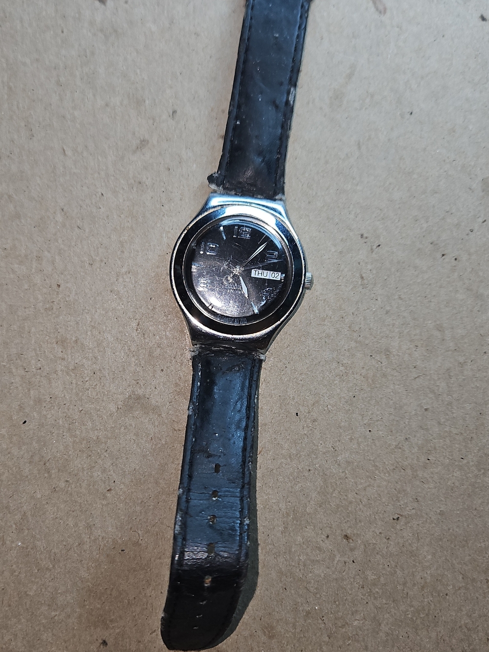 Vintage Swatch Irony Watch Black Leather Strap Silver Case Men's Watch
